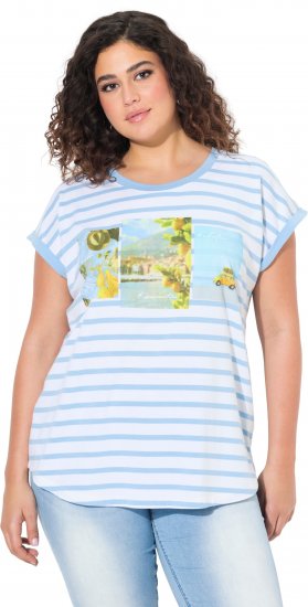 Ulla Popken Striped Short Sleeve Citrus Graphic Tee Light Blue - Bedrukte T-shirts voor dames - 