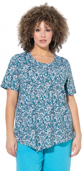 Ulla Popken Floral Pointed Hem Short Sleeve Tee Deep Aqua - Bedrukte T-shirts voor dames - 