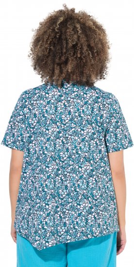 Ulla Popken Floral Pointed Hem Short Sleeve Tee Deep Aqua - Bedrukte T-shirts voor dames - 