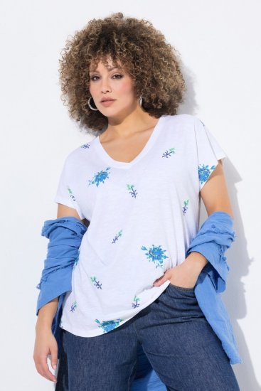 Ulla Popken Cross Stitch Short Sleeve Tee Snow White - Bedrukte T-shirts voor dames - Bedrukte T-shirts voor Dames