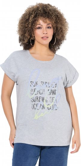 Ulla Popken Long Beach Lettering Cap Sleeve Tee Light Grey Melange - Bedrukte T-shirts voor dames - 