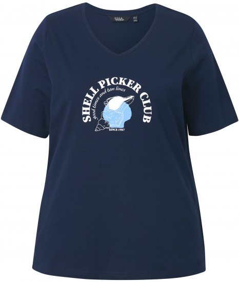 Ulla Popken Shell Picker Club Short Sleeve Graphic Tee Navy - Bedrukte T-shirts voor dames - 