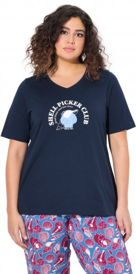 Ulla Popken Shell Picker Club Short Sleeve Graphic Tee Navy - Bedrukte T-shirts voor dames - 