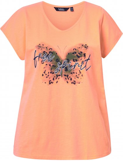 Ulla Popken Free Spirit Butterfly Cap Sleeve Graphic Tee Coral - Bedrukte T-shirts voor dames - 