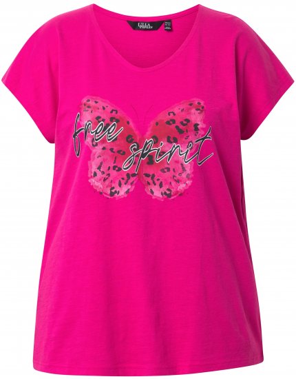 Ulla Popken Free Spirit Butterfly Cap Sleeve Graphic Tee Magenta Pink - Bedrukte T-shirts voor dames - 