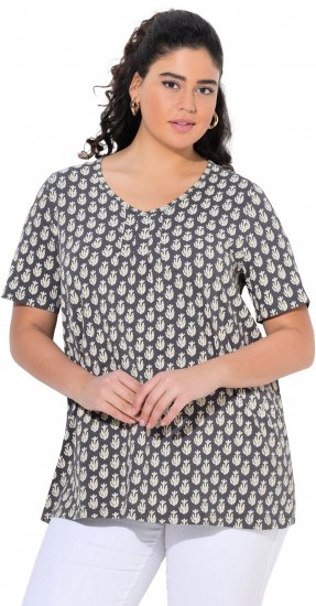 Ulla Popken Cactus Print Short Sleeve V-Neck Tee Graphite Grey - Bedrukte T-shirts voor dames - 