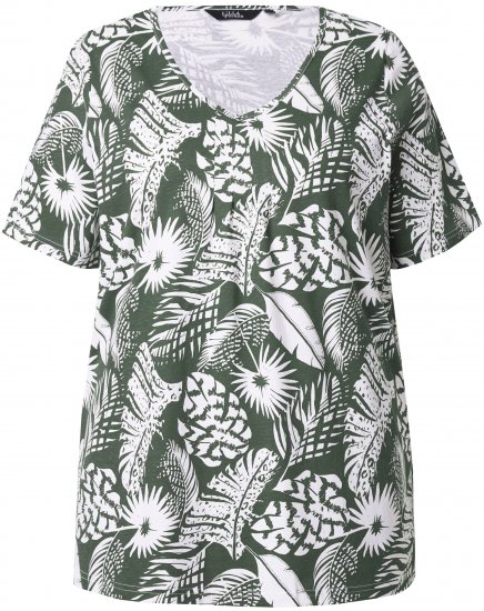 Ulla Popken Feather Print Short Sleeve V-Neck Tee Olive Grey - Bedrukte T-shirts voor dames - 
