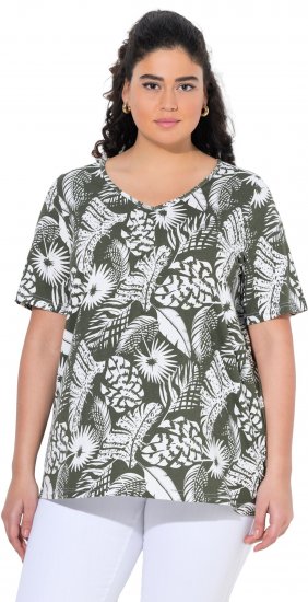 Ulla Popken Feather Print Short Sleeve V-Neck Tee Olive Grey - Bedrukte T-shirts voor dames - 