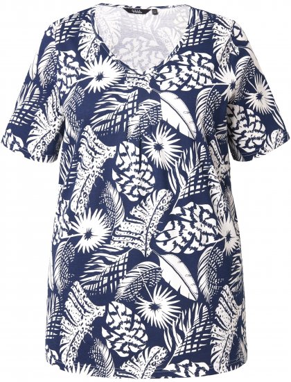 Ulla Popken Feather Print Short Sleeve V-Neck Tee Ink Blue - Bedrukte T-shirts voor dames - 