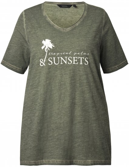Ulla Popken Sunset Lettering Short Sleeve Graphic Tee Olive - Bedrukte T-shirts voor dames - 
