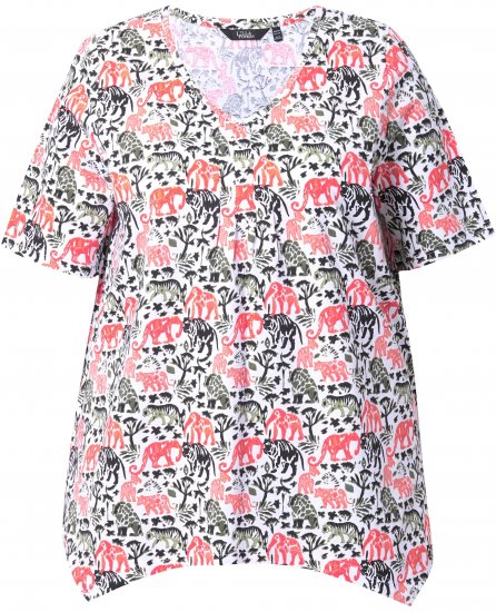 Ulla Popken Half-sleeve A-line V-neck Pointed Hem Animal Pattern T-shirt Snow White - Bedrukte T-shirts voor dames - 