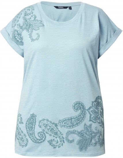 Ulla Popken Textured Paisley Motif Cap Sleeve Tee Light Moss Green - Bedrukte T-shirts voor dames - 