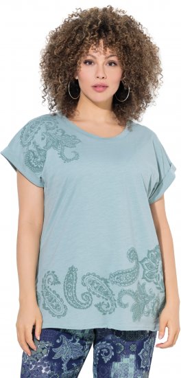 Ulla Popken Textured Paisley Motif Cap Sleeve Tee Light Moss Green - Bedrukte T-shirts voor dames - 