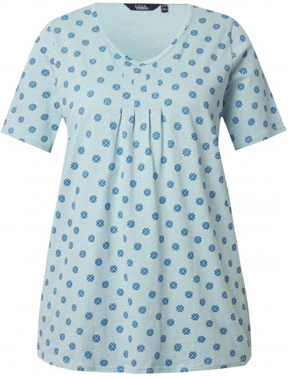 Ulla Popken Tile Print Short Sleeve Pleated Tee Light Moss Green - Bedrukte T-shirts voor dames - 