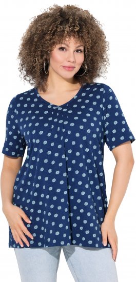 Ulla Popken Tile Print Short Sleeve Pleated Tee Dark Blue - Bedrukte T-shirts voor dames - 