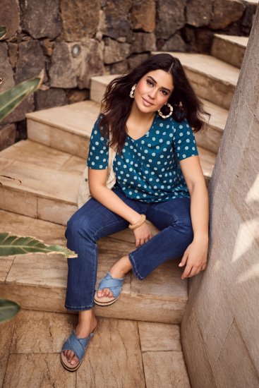 Ulla Popken Tile Print Short Sleeve Pleated Tee Teal - Bedrukte T-shirts voor dames - 