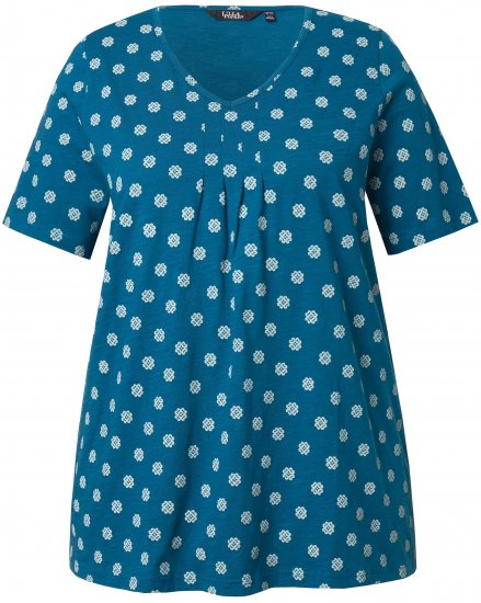 Ulla Popken Tile Print Short Sleeve Pleated Tee Teal - Bedrukte T-shirts voor dames - 