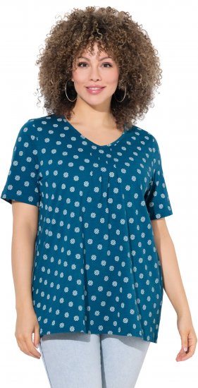 Ulla Popken Tile Print Short Sleeve Pleated Tee Teal - Bedrukte T-shirts voor dames - 