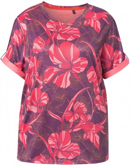 Ulla Popken Quick Drying Flower Print Short Sleeve Tee Dark Cherry - Bedrukte T-shirts voor dames - 