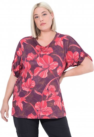 Ulla Popken Quick Drying Flower Print Short Sleeve Tee Dark Cherry - Bedrukte T-shirts voor dames - 