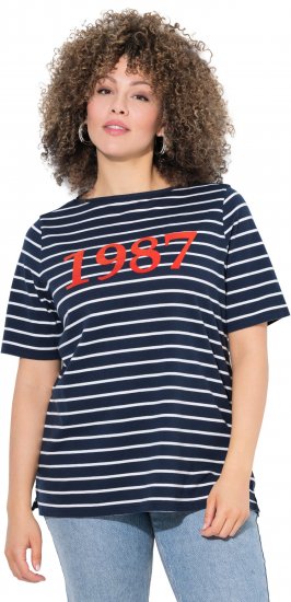 Ulla Popken Striped 1987 Boat Neck Tee Navy Blue - Bedrukte T-shirts voor dames - 