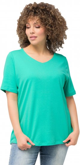 Ulla Popken Double Layer Rounded V-Neck Slim Fit Tee Turquioise Green - T-shirts - 