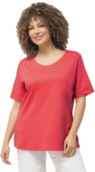 Ulla Popken Double Layer Rounded V-Neck Slim Fit Tee Dark Coral - T-shirts - 