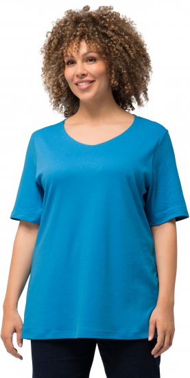 Ulla Popken Double Layer Rounded V-Neck Slim Fit Tee Aqua - Ulla Popken - 