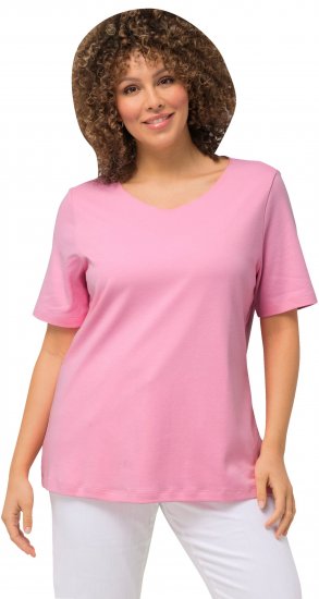 Ulla Popken Double Layer Rounded V-Neck Slim Fit Tee Light Pink - T-shirts - 