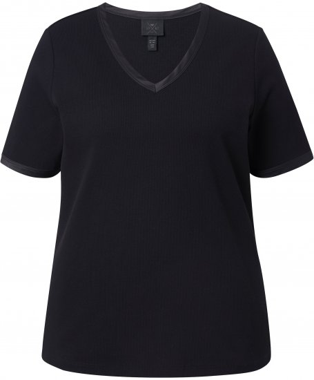 Ulla Popken Satin Trimmed Ribbed Jersey Short Sleeve T-Shirt Black - T-shirts - 