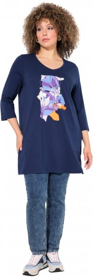 Ulla Popken Floral Motif 3/4 Sleeve Tunic Tee Ink Blue - Bedrukte T-shirts voor dames - 