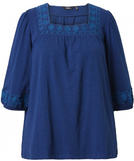 Ulla Popken Embroidered Detail 3/4 Sleeve Tee Dark Blue - Bedrukte T-shirts voor dames - 