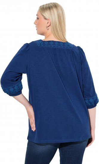 Ulla Popken Embroidered Detail 3/4 Sleeve Tee Dark Blue - Bedrukte T-shirts voor dames - 