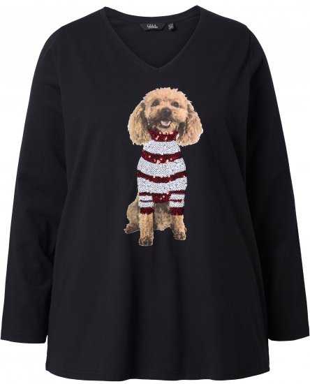 Ulla Popken Sequined Puppy Long Sleeve Graphic Tee Black - Bedrukte T-shirts voor dames - 