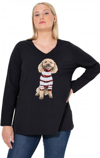 Ulla Popken Sequined Puppy Long Sleeve Graphic Tee Black - Bedrukte T-shirts voor dames - 