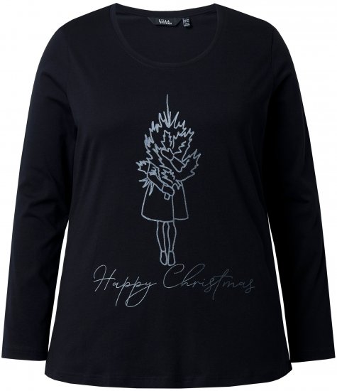 Ulla Popken Holiday Long Sleeve Graphic Tee Black - Bedrukte T-shirts voor dames - 