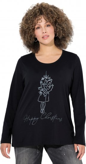 Ulla Popken Holiday Long Sleeve Graphic Tee Black - Bedrukte T-shirts voor dames - 