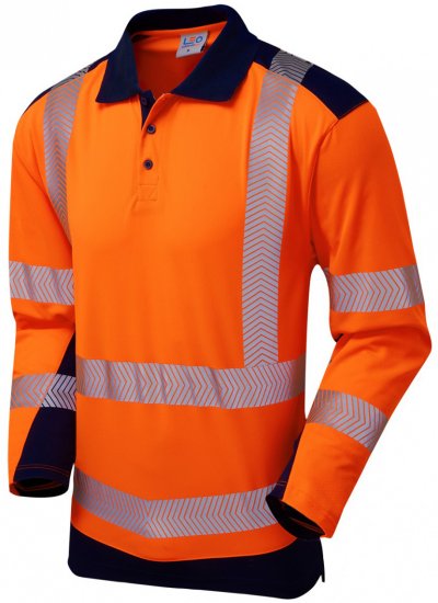 Leo Wringcliff Coolviz Plus L/S Polo Hi-Vis Orange/Navy - Werkkleding - Werkkleding Grote Maten Heren