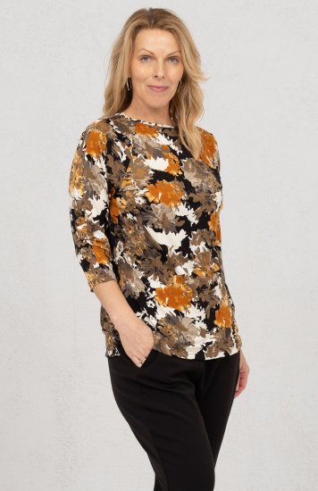 Scandinavian Caramel Flowers Blouse Orange and Brown - Bedrukte T-shirts voor dames - 