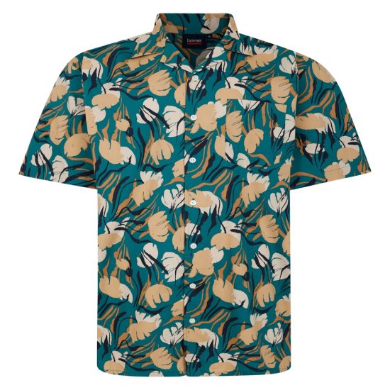 Espionage SH433 overhemd korte mouw met abstracte bloemenprint groen/taupe - Overhemden - Overhemden Grote Maten Heren