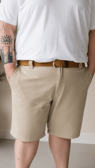 Kam Jeans 3402 Belted Dobby Weave Stretch Chino Shorts Beige - Korte broeken - Grote Maten Korte Broeken Heren
