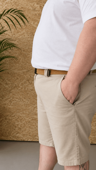Kam Jeans 3402 Belted Dobby Weave Stretch Chino Shorts Beige - Korte broeken - Grote Maten Korte Broeken Heren